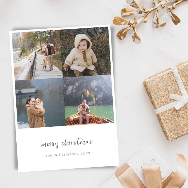 Minimalist Multi Photo Handwritten Script White Holiday Card (Creator Uploaded)