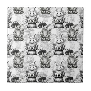 Minimalist Mushroom Rabbit Pattern Design Ceramic Tile