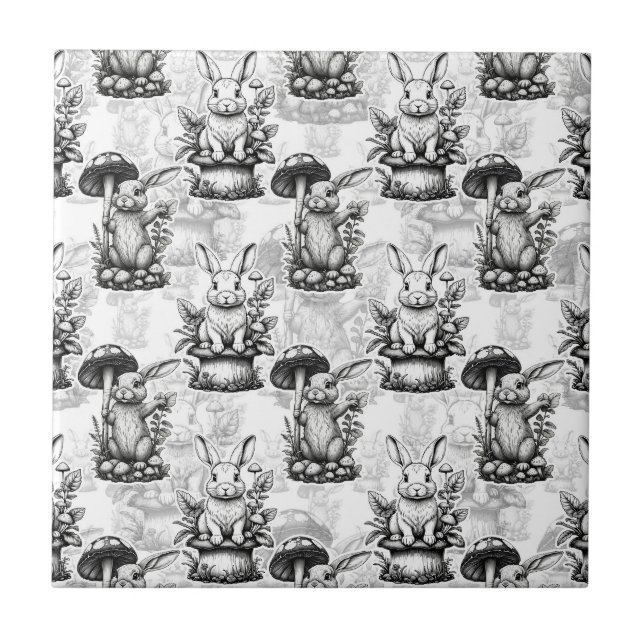 Minimalist Mushroom Rabbit Pattern Design  Ceramic Tile (Front)