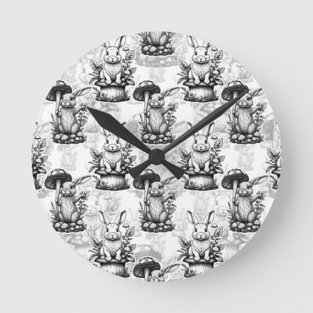 Minimalist Mushroom Rabbit Pattern Design  Round Clock (Front)