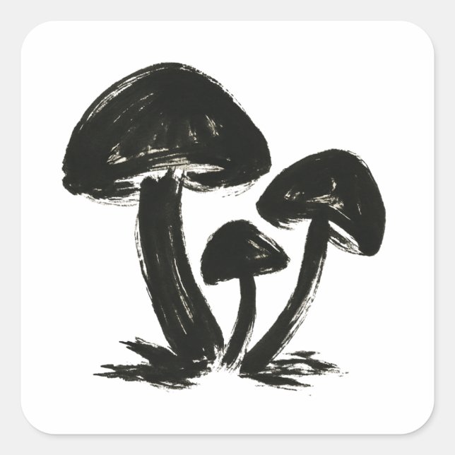 Minimalist Mushrooms – Ink Brush Forest Trio on Square Sticker (Front)