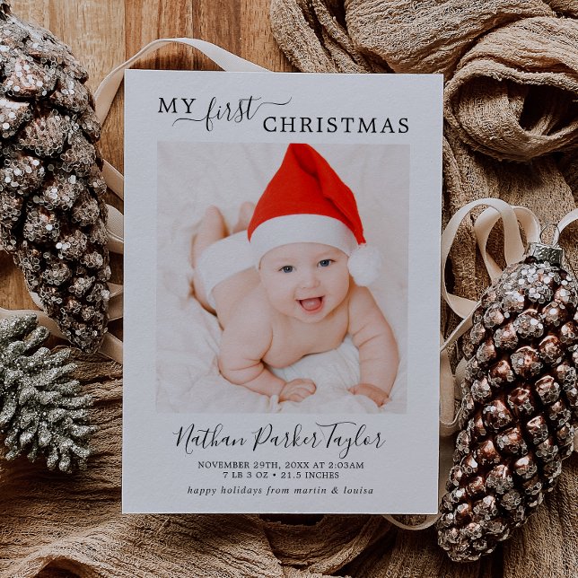 Minimalist My First Christmas Baby Birth Photo Holiday Card (Creator Uploaded)