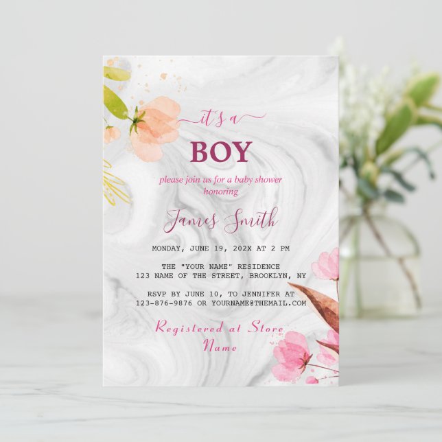 Minimalist Name Customise White Marble Baby Shower Invitation (Standing Front)