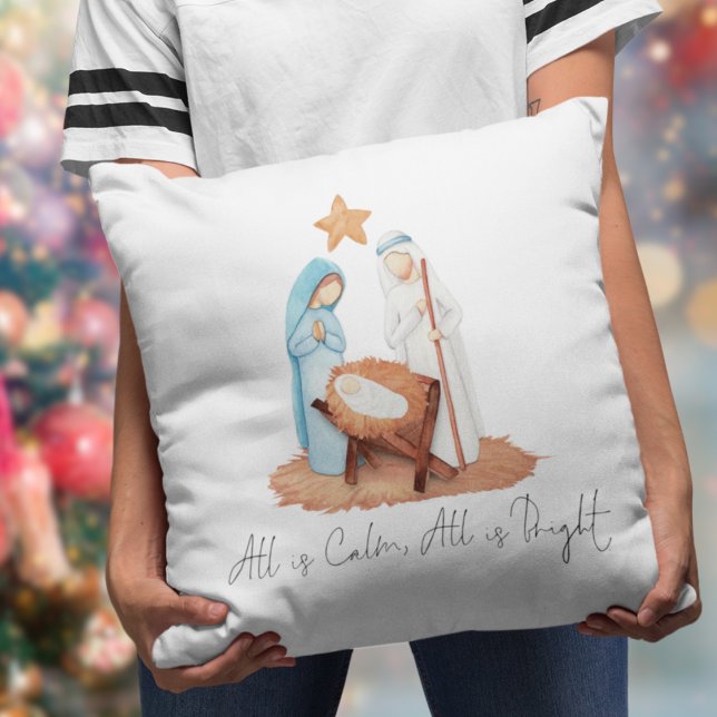 Minimalist Nativity Scene Script All Is Calm Cushion (Mar Joseph Baby Jesus Manger Pillow. Same design both sides.)