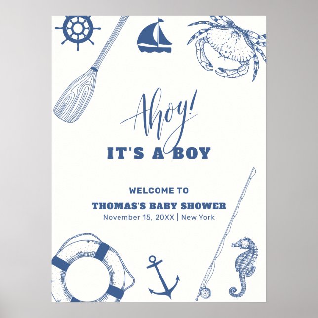 Minimalist Nautical Fishing Baby Shower Welcome Poster (Front)