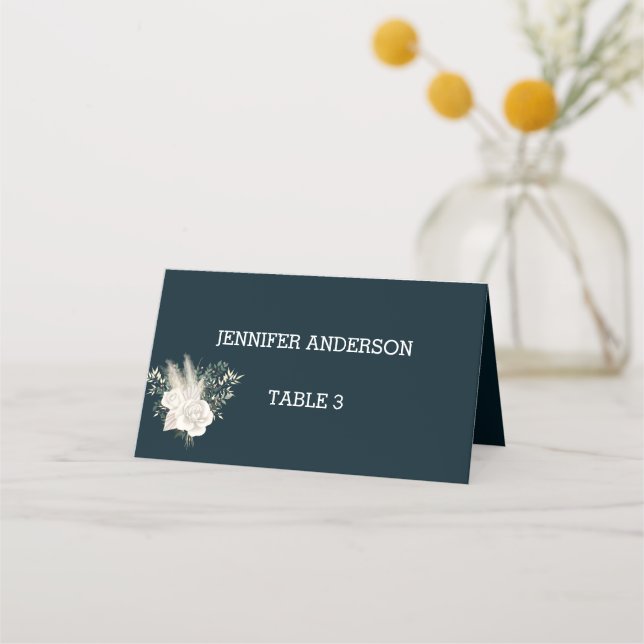 Minimalist Navy and White Rose Flower Wedding Place Card (Back)