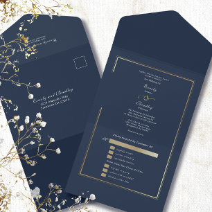 Minimalist Navy Background Gold Frame Wedding  All In One Invitation