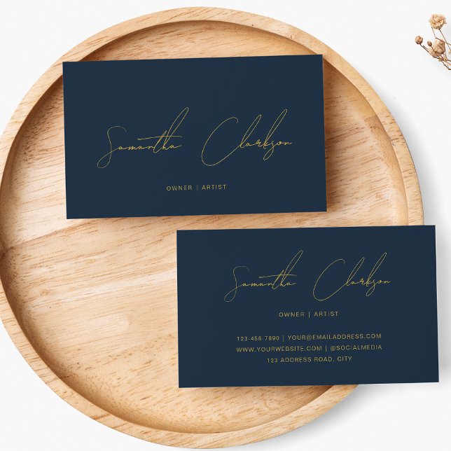 Minimalist Navy Blue and Gold Handwritten Script  Business Card (Creator Uploaded)