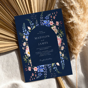 Minimalist Navy Blue Boho Wildflower Wedding Invitation