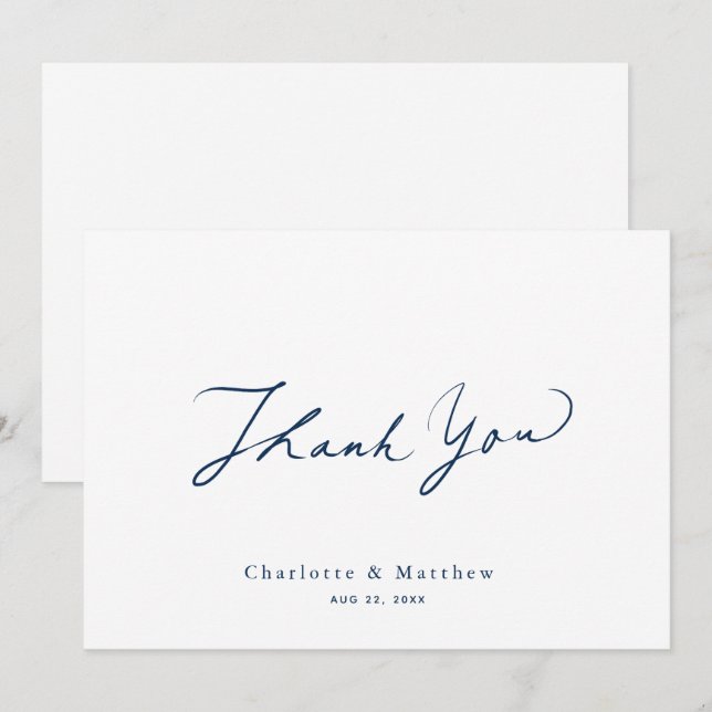 Minimalist Navy Blue Calligraphy Wedding Thank You Card (Front/Back)