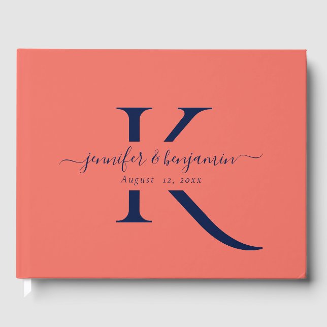 Minimalist Navy Blue Coral Script Monogram Wedding Guest Book (Front)