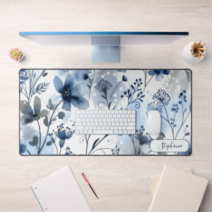 Minimalist Navy Blue Floral Watercolor Custom Desk Mat