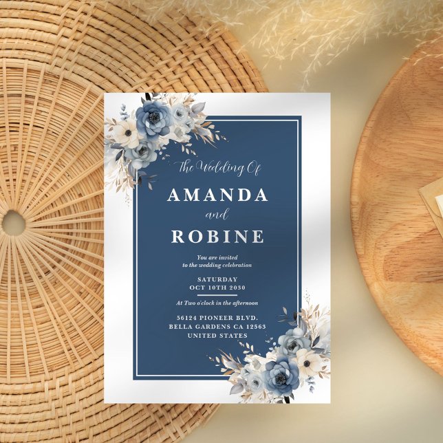 Minimalist Navy Blue Floral Wedding Invitation (Creator Uploaded)