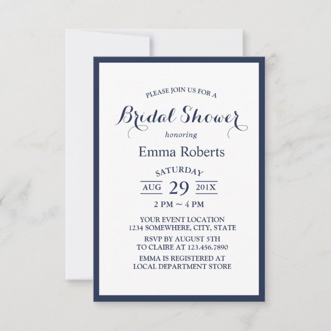 Minimalist Navy Blue Frame Elegant Bridal Shower Invitation (Front)