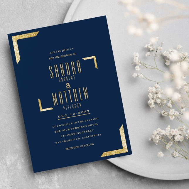 Minimalist navy blue glam gold glitter Wedding Invitation (Minimalist navy blue glam gold glitter Wedding)