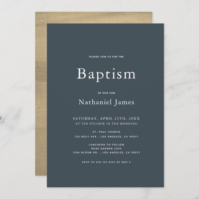 Minimalist Navy Blue & Gold Boy Baptism Invitation (Front/Back)