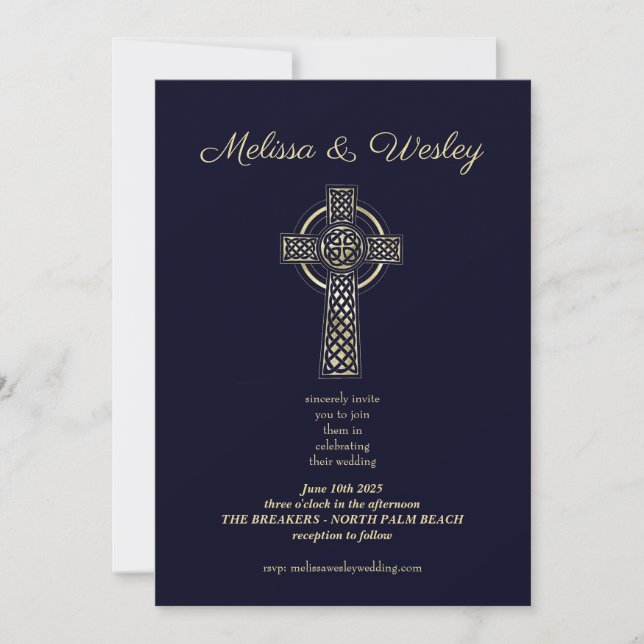 Minimalist navy blue gold celtic cross wedding invitation (Front)