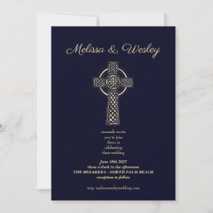 Minimalist navy blue gold celtic cross wedding invitation