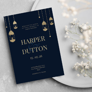 Minimalist navy blue gold lantern lights wedding invitation