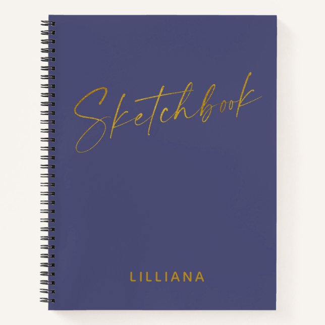 Minimalist Navy Blue Gold Personalised Sketchbook Notebook (Front)
