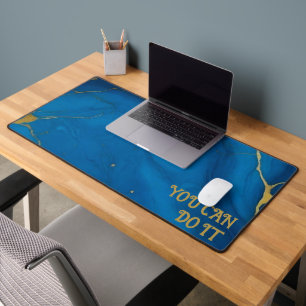 Minimalist navy blue marble texture golden quote desk mat