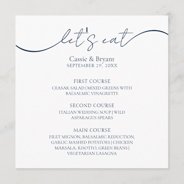 Minimalist Navy Blue Modern Script Wedding Menu (Front)