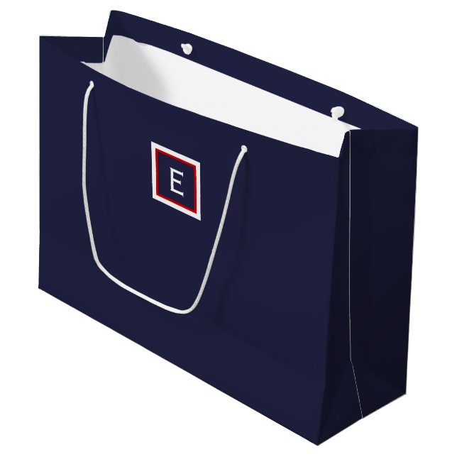 Minimalist Navy Blue Monogram Large Gift Bag (Front Angled)