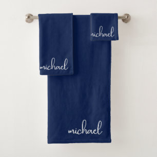 Minimalist Navy Blue Personalised Bath Towel Set