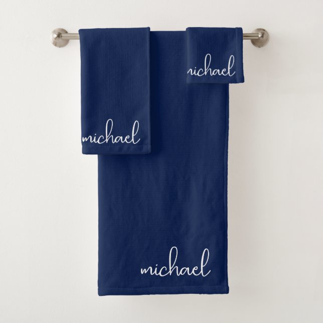 Minimalist Navy Blue Personalised Bath Towel Set (Insitu)