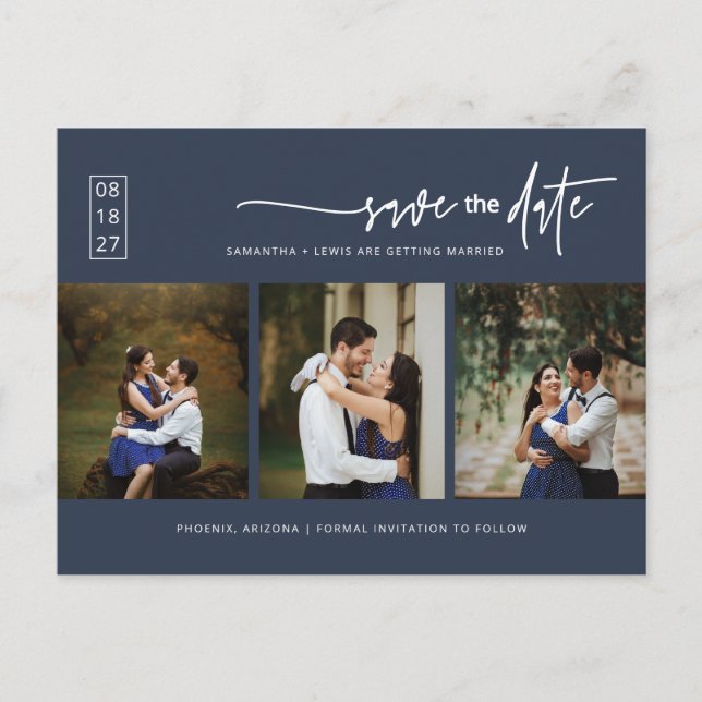 Minimalist Navy Blue Photo QR Code Save the Date Postcard (Front)