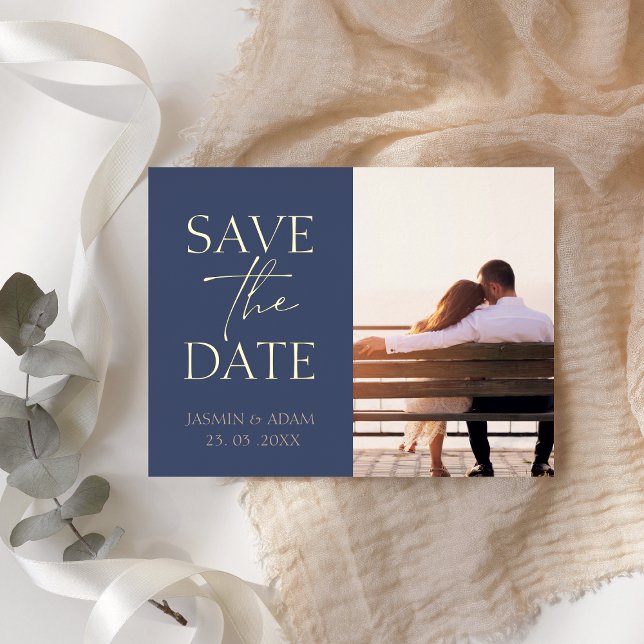 Minimalist Navy Blue Photo Wedding Save the Date Foil Holiday Postcard (Creator Uploaded)
