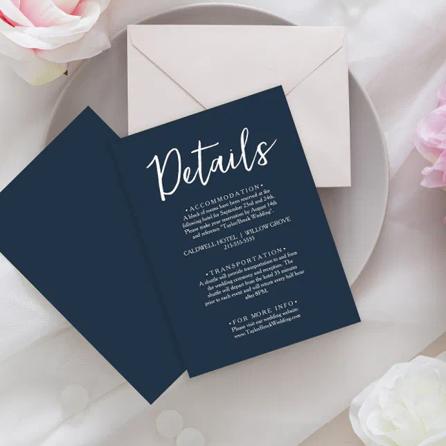 Minimalist Navy Blue Script Modern Wedding Details Enclosure Card | Zazzle
