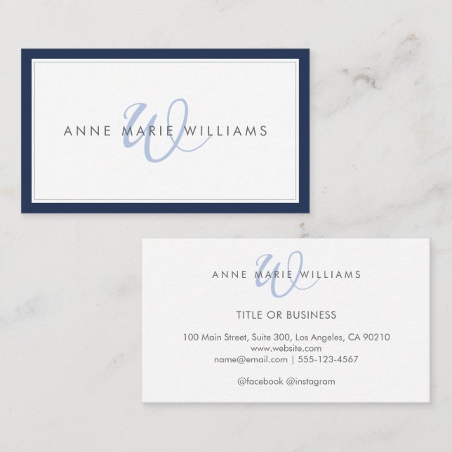 Minimalist Navy Blue Script Two Border Monogram Business Card (Front/Back)