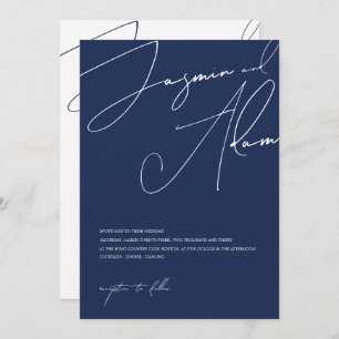Minimalist Navy Blue Script Typography Wedding Invitation