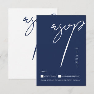 Minimalist Navy Blue Script Typography Wedding RSVP Card