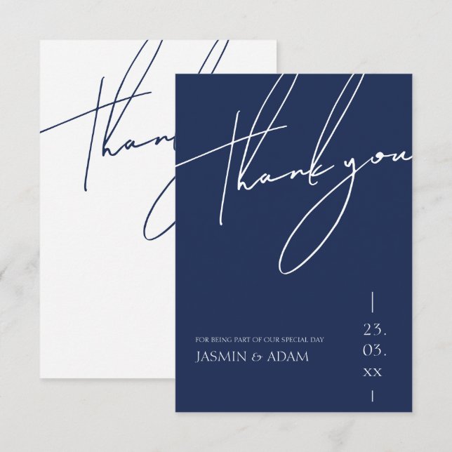 Minimalist Navy Blue Script Typography Wedding Thank You Card (Front/Back)