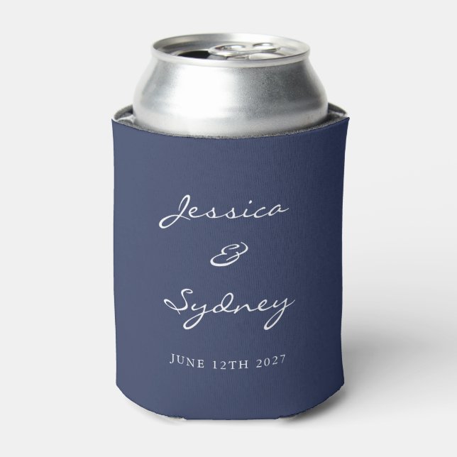 Minimalist Navy Blue Script Wedding Custom Can Cooler (Can Front)