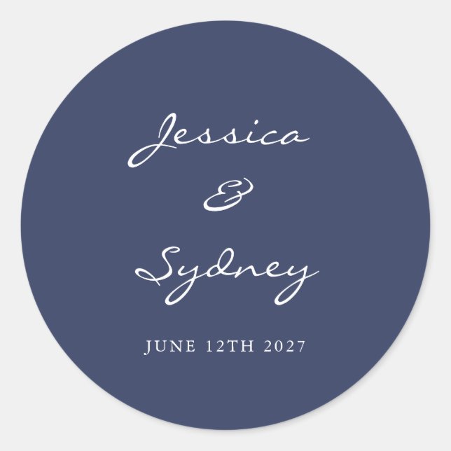 Minimalist Navy Blue Script Wedding Custom Classic Round Sticker (Front)