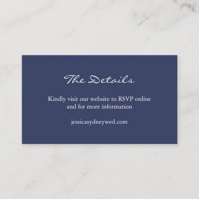 Minimalist Navy Blue Script Wedding Website Enclosure Card (Front)