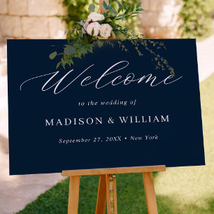 Minimalist Navy Blue Script Wedding Welcome Sign