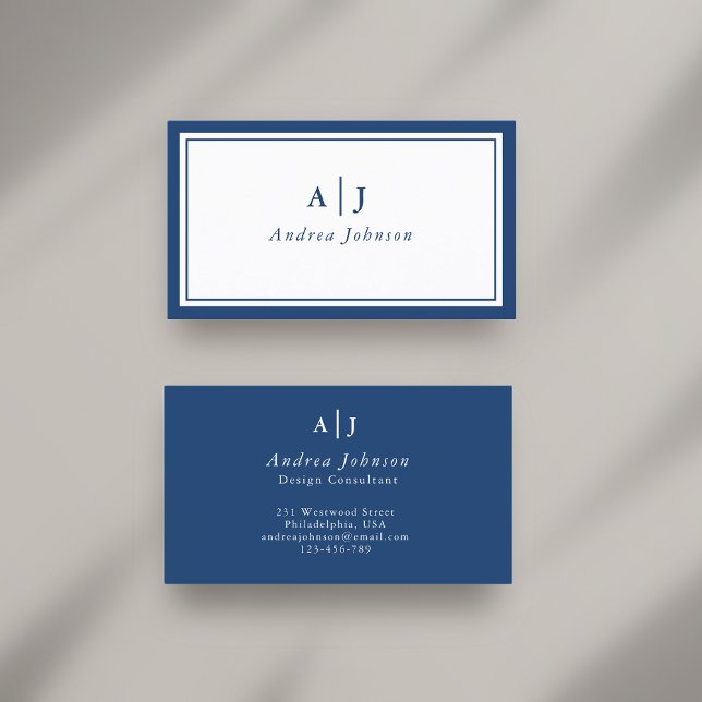 Minimalist Navy Blue Two Border Monogram Business Card (Creator Uploaded)