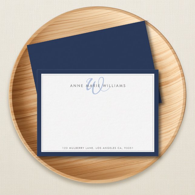 Minimalist Navy Blue Two Border Monogram Card (Creator Uploaded)
