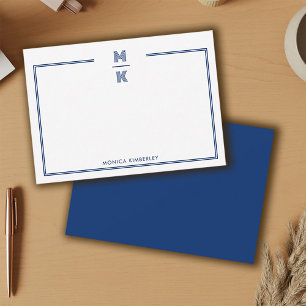 Minimalist Navy Blue Two Border Monogram Note Card