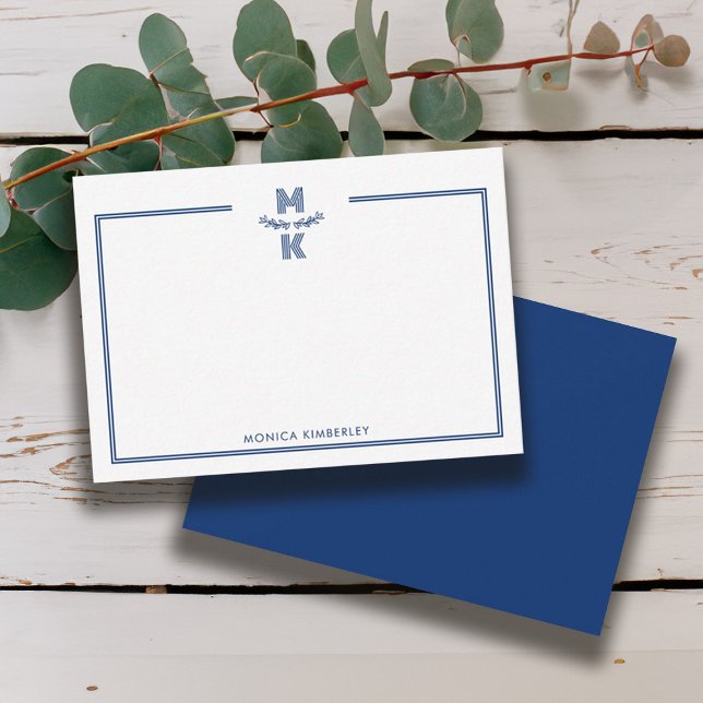 Minimalist Navy Blue Two Border Monogram Note Card (Minimalist Navy Blue Two Border Monogram Note Card)