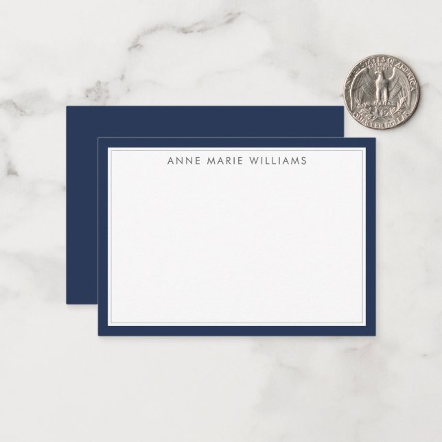 Minimalist Navy Blue Two Border Name Note Card (Front/Back In Situ)