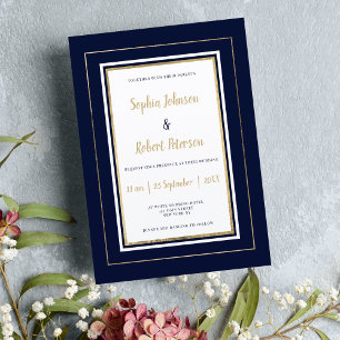 Minimalist navy blue white gold elegant wedding invitation