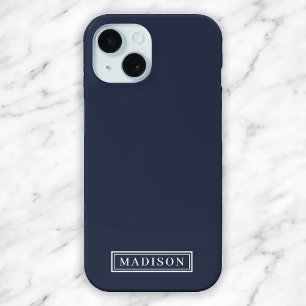 Minimalist Navy Blue White Personalised Name iPhone 15 Case