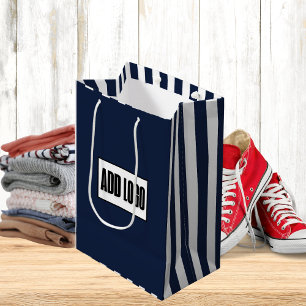 Minimalist Navy Blue White Stripes Business Logo Medium Gift Bag