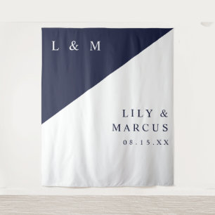 Minimalist Navy Blue White Wedding Photo Backdrop Tapestry