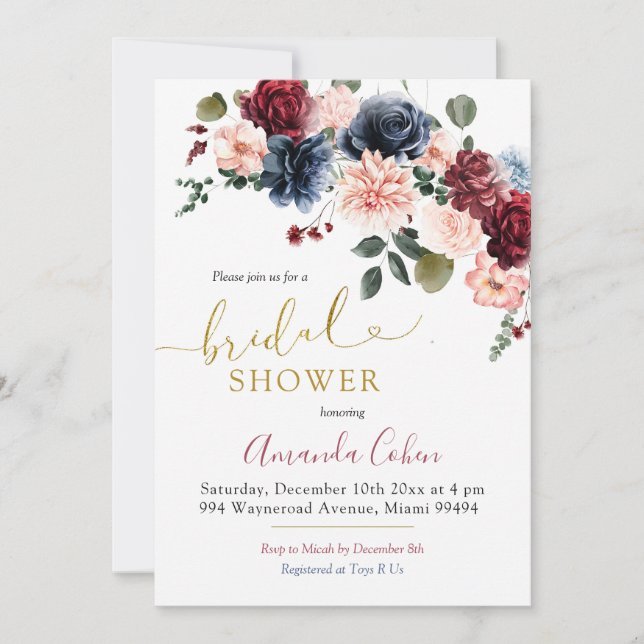 Minimalist Navy Burgundy Floral Bridal Shower Invitation (Front)